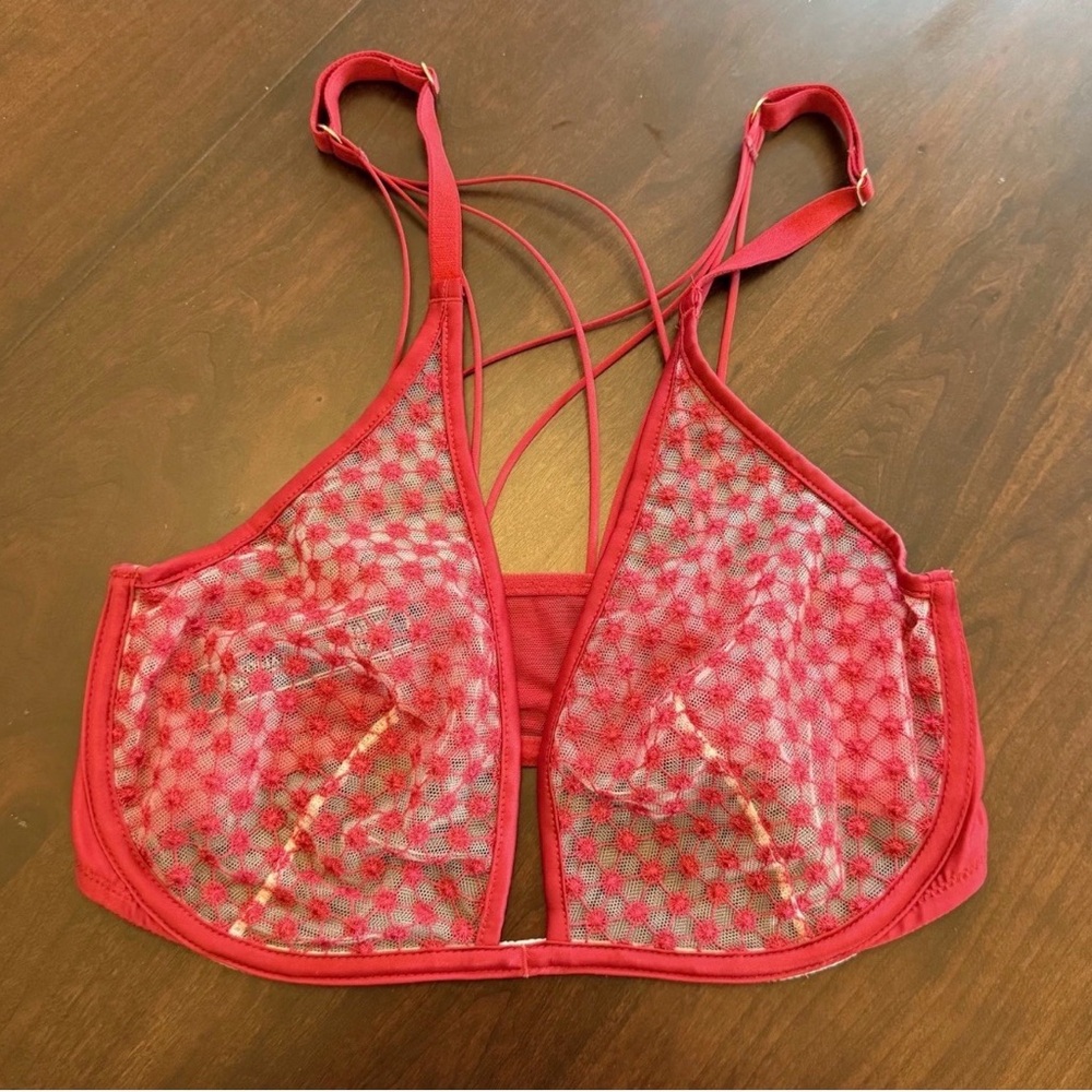 Victoria's Secret Unlined Plunge Bra 34DD Mesh Underwire Red Sheer Sexy